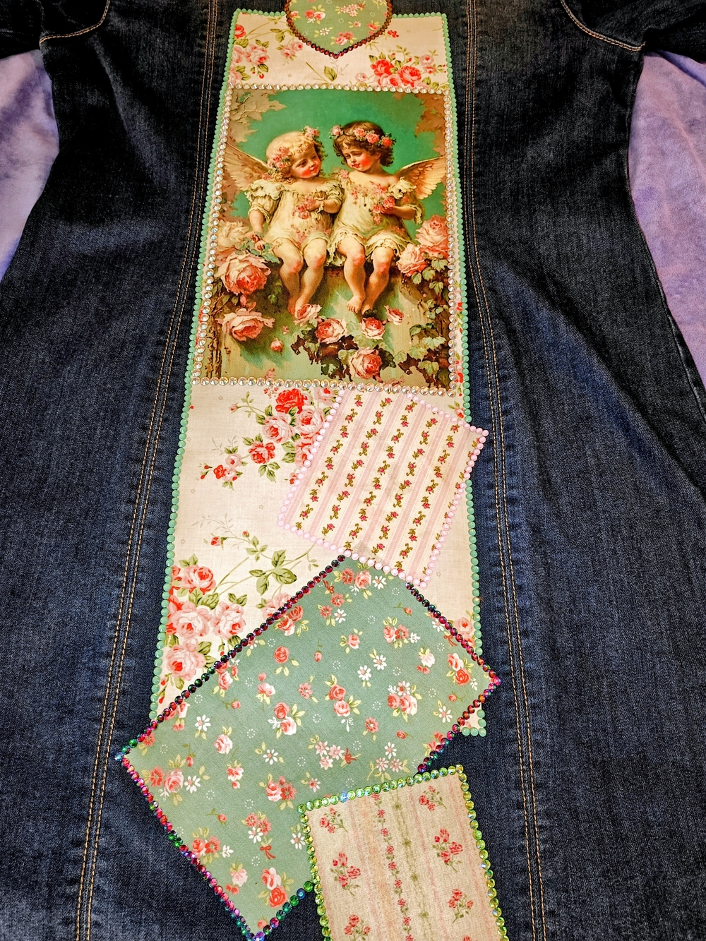 Upcycled Denim INC Macy's Trench with Flowers Cherubs Real Rhinestones 14